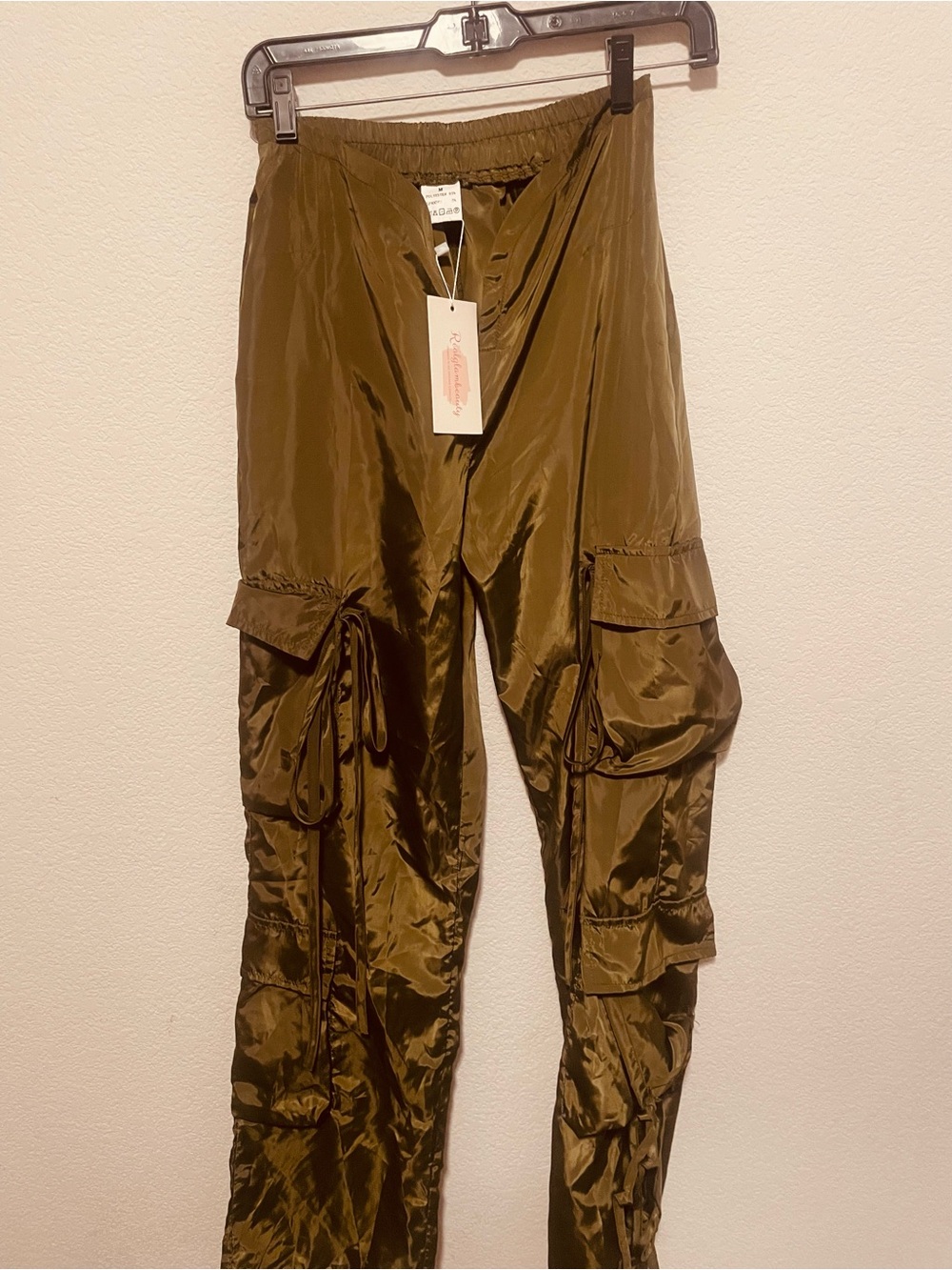 Olive Satin Cargo Jogger Pants